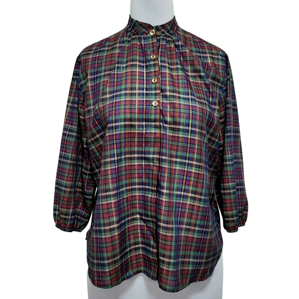 Vintage Plaid Mock Neck Blouse Multicolor Gold Metallic‎ Thread 3/4 Sleeve Fall